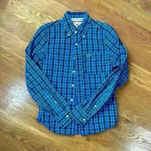 Hollister Men's Blue Plaid Long Sleeve Button Down Oxford Shirt Size Small